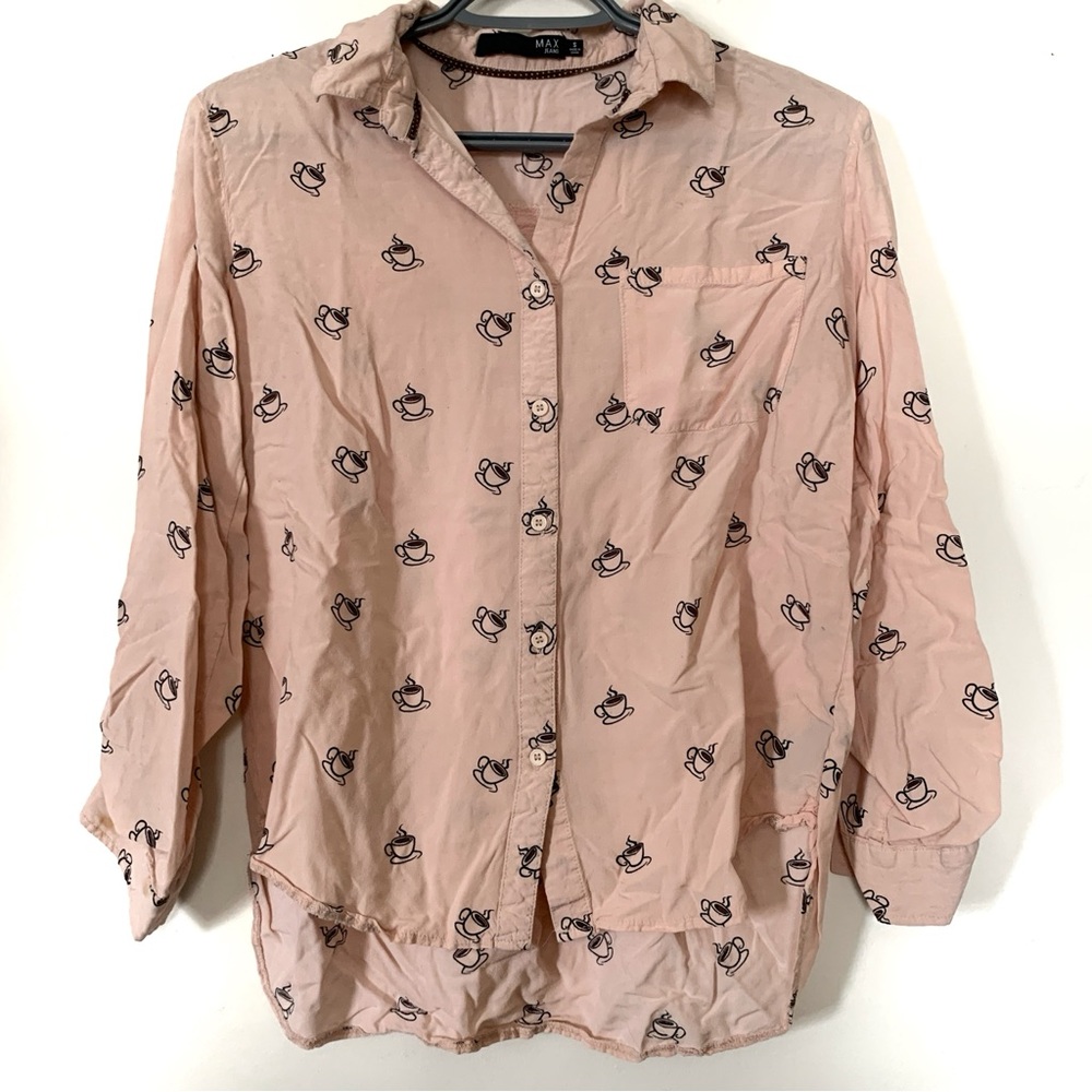 Max Jeans Blush Pink Coffee Print Button Up Blouse Size Small